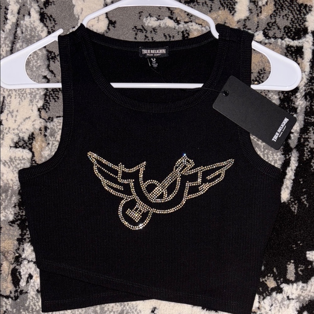 True Religion Black Tank Top with Rhinestone Design